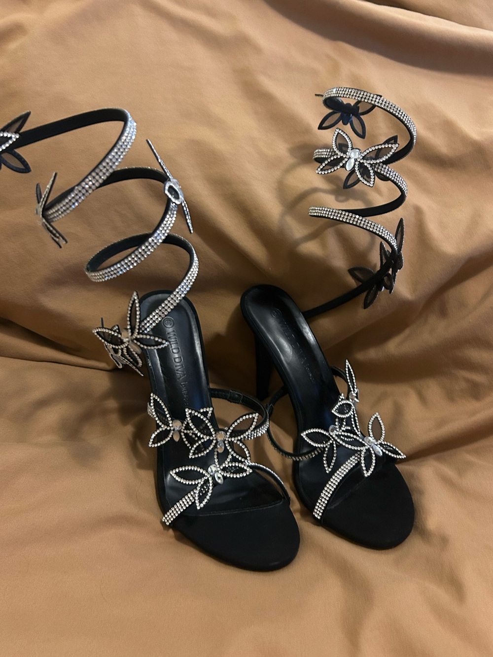 Wild Diva Black Spiral Wrap Heels with Rhinestone Flower Accents